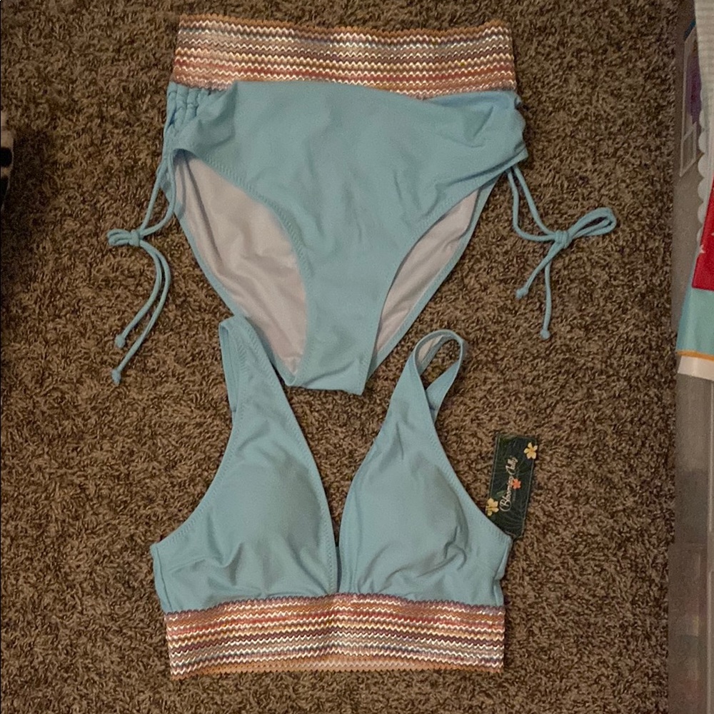 Blue Bikini Set with Patterned Trim